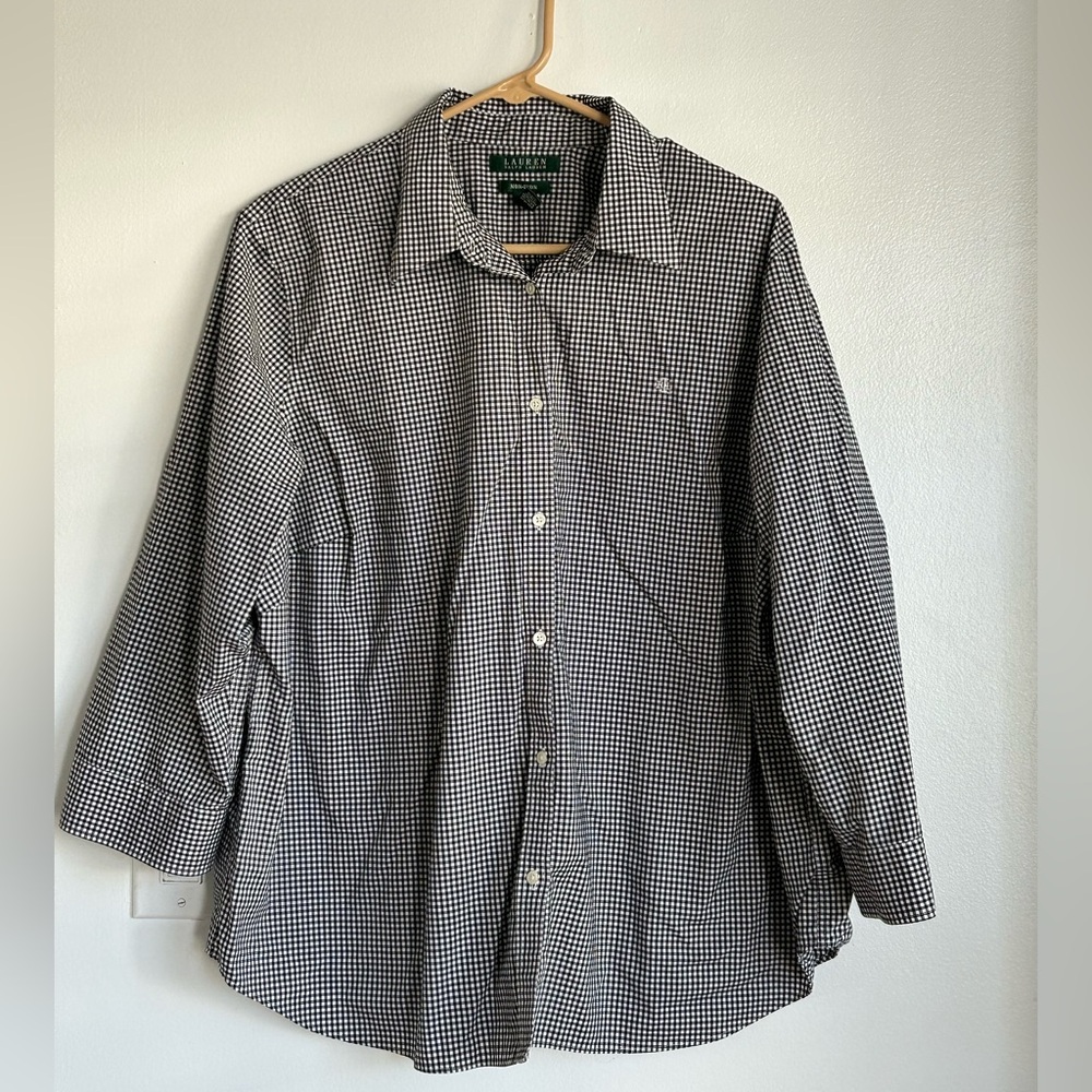 LRL Black & White Gingham Button Down Top Plus Size 2X Plaid Classic Preppy - Picture 2 of 6
